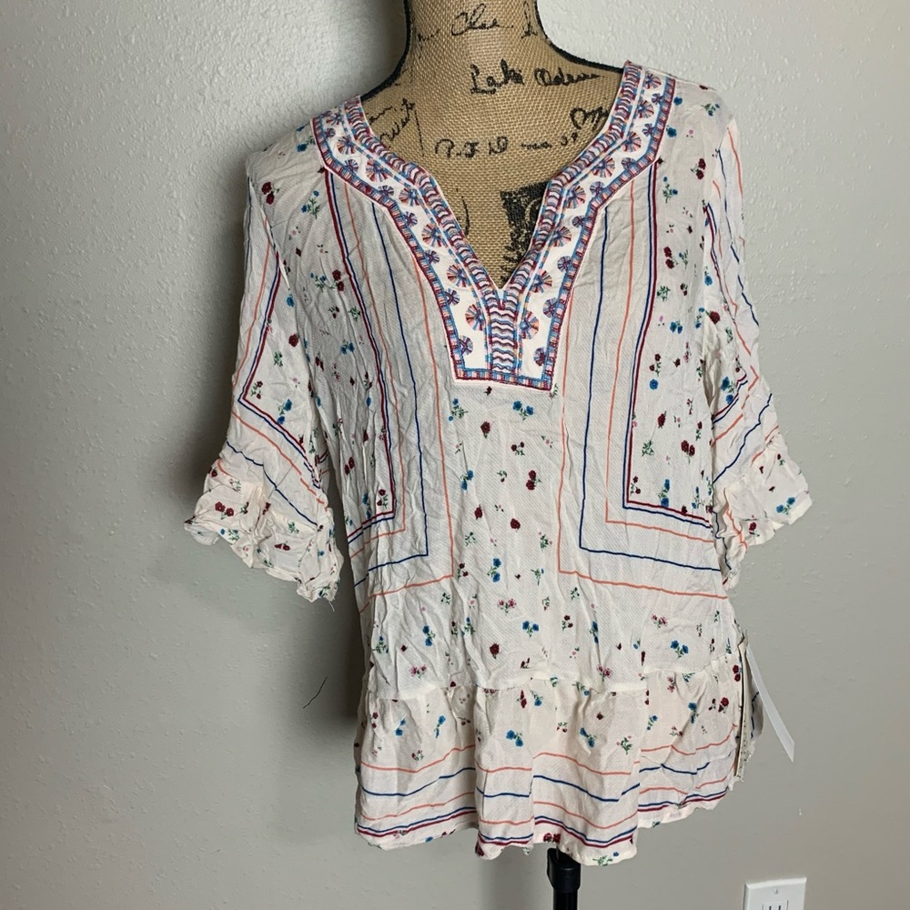 Democracy Artisan crafted boho white blouse embroidered floral